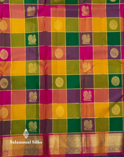 Beautiful Paalum Pazham Checks Pure Kanjivaram Silk Saree With Traditional Border