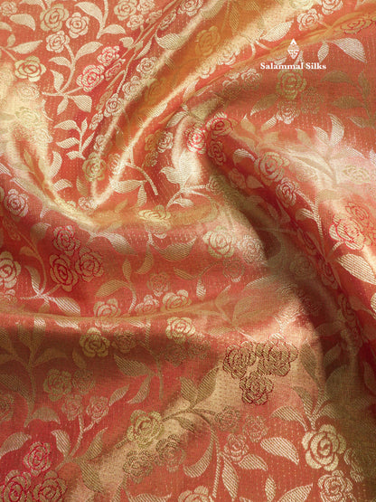 Light Orange Tissue Bridal Pure Kanjivaram Silk Saree With Contrast Chilly Red Border