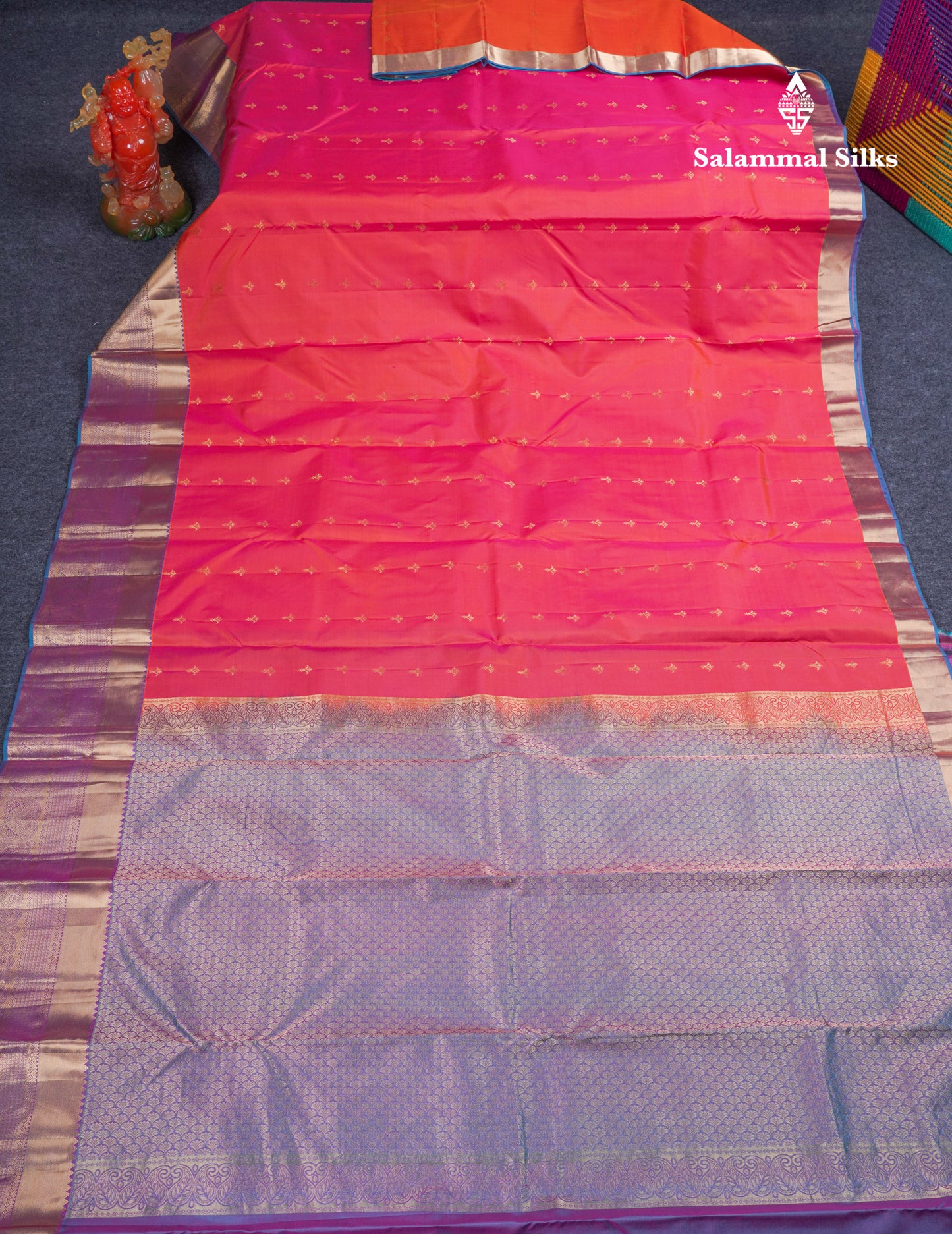 Beautiful Red Pure Kanjivaram Silk Saree With Contrast Dual Tone Blue Traditional Border