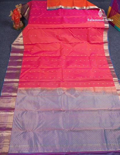 Beautiful Red Pure Kanjivaram Silk Saree With Contrast Dual Tone Blue Traditional Border