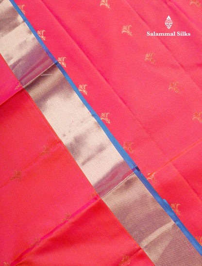 Beautiful Red Pure Kanjivaram Silk Saree With Contrast Dual Tone Blue Traditional Border