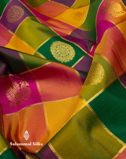 Beautiful Paalum Pazham Checks Pure Kanjivaram Silk Saree With Traditional Border