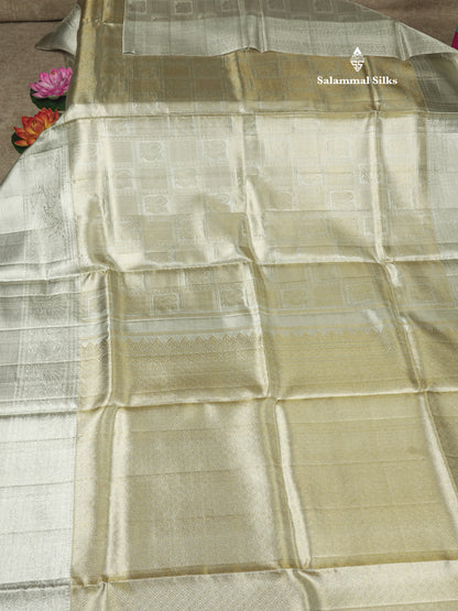 Beautiful Silver Colour Checks With Peacock Butta Tissue Pure Kanjivaram Silk Saree (2G) Zari With Self Border