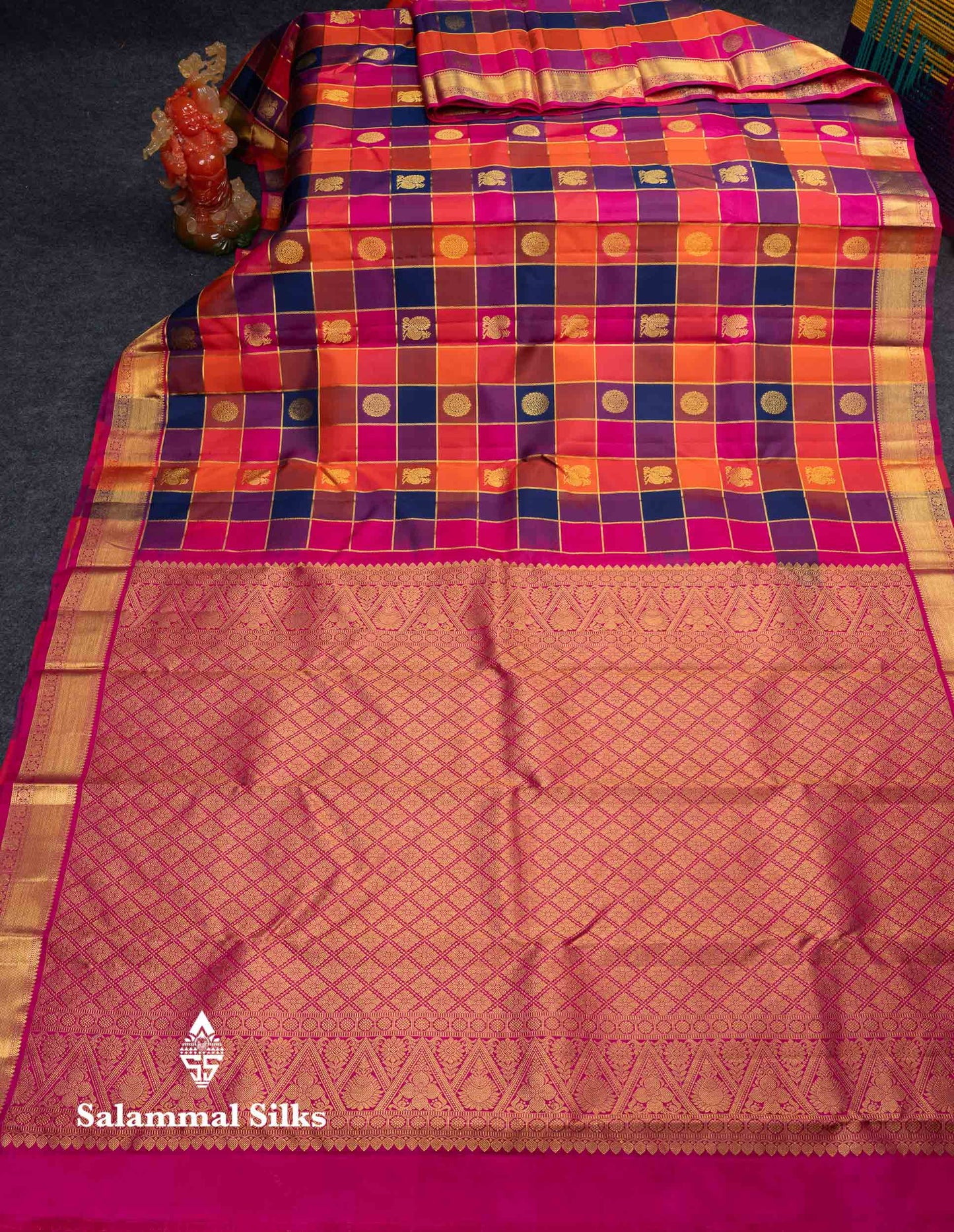 Beautiful Paalum Pazham Checks Pure Kanjivaram Silk Saree With Traditional Border