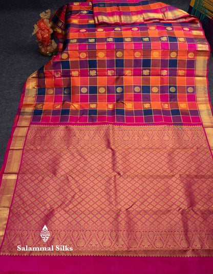 Beautiful Paalum Pazham Checks Pure Kanjivaram Silk Saree With Traditional Border