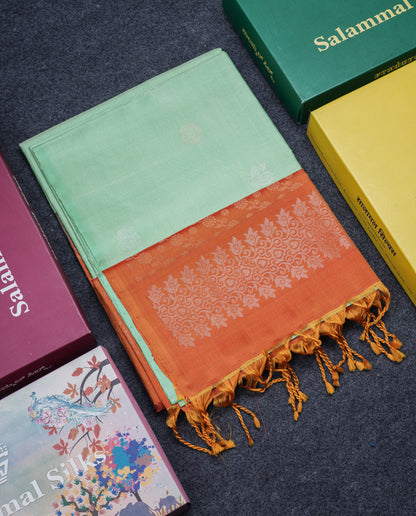 Beautiful Light Green Pure Kanjivaram Soft Silk Saree With Contrast Peach Orange Blouse