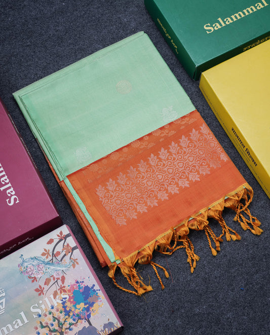 Beautiful Light Green Pure Kanjivaram Soft Silk Saree With Contrast Peach Orange Blouse
