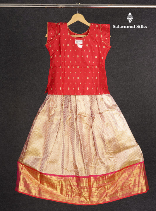Readymade Pure Silk Pattu Pavadai - Chilly Red With Sandal Tissue (Age 10-11 yrs)
