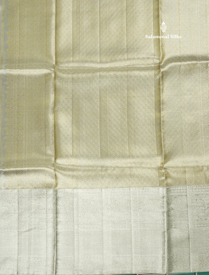 Beautiful Silver Colour Checks With Peacock Butta Tissue Pure Kanjivaram Silk Saree (2G) Zari With Self Border