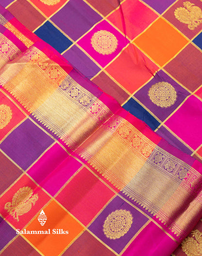 Beautiful Paalum Pazham Checks Pure Kanjivaram Silk Saree With Traditional Border