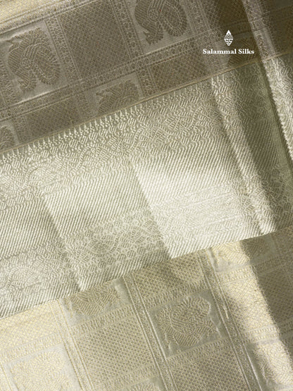 Beautiful Silver Colour Checks With Peacock Butta Tissue Pure Kanjivaram Silk Saree (2G) Zari With Self Border