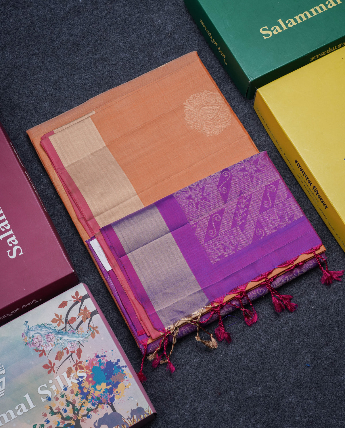 Beautiful Peach Pure Kanjivaram Soft Silk Saree With Contrast Vadamalli Blouse