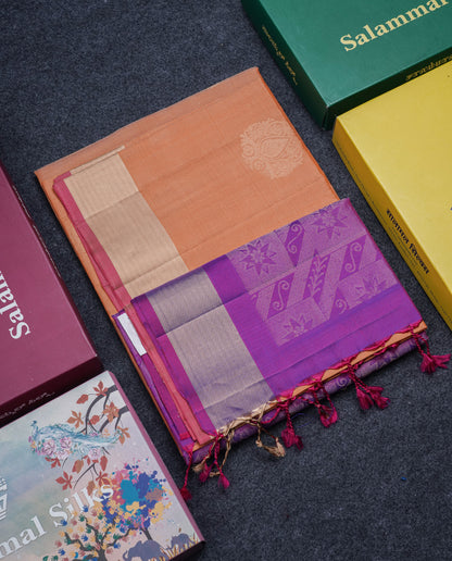 Beautiful Peach Pure Kanjivaram Soft Silk Saree With Contrast Vadamalli Blouse