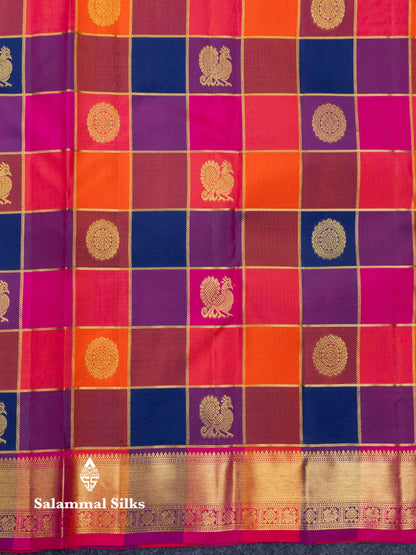 Beautiful Paalum Pazham Checks Pure Kanjivaram Silk Saree With Traditional Border