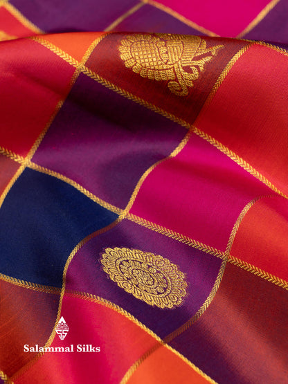 Beautiful Paalum Pazham Checks Pure Kanjivaram Silk Saree With Traditional Border