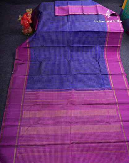 Beautiful Navy Blue Zari Checks Pure Kanjivaram Silk Saree With Contrast Magenta Border