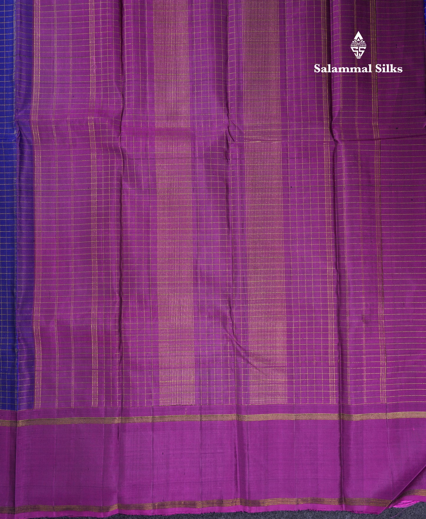 Beautiful Navy Blue Zari Checks Pure Kanjivaram Silk Saree With Contrast Magenta Border