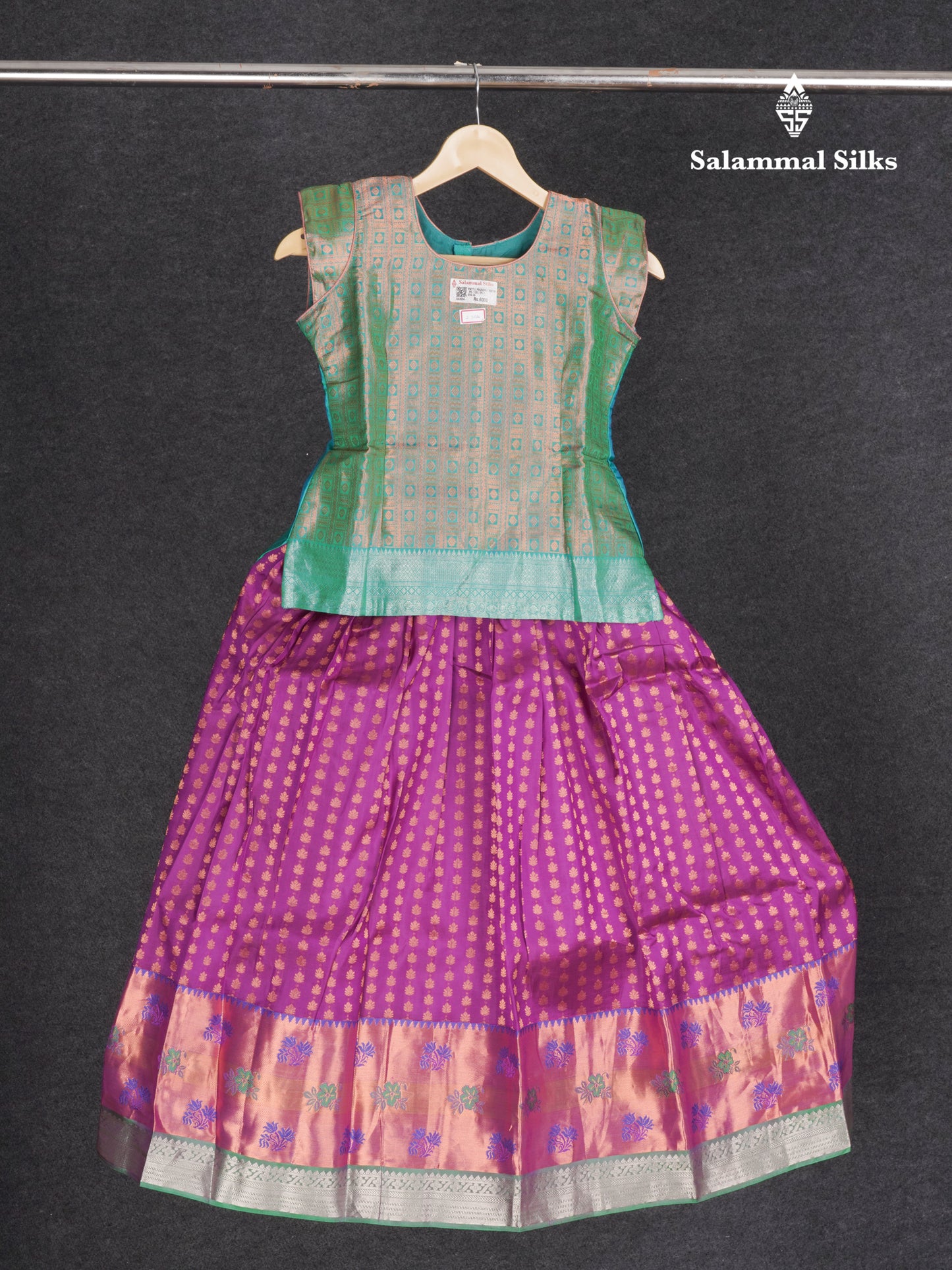 Readymade Pure Silk Pattu Pavadai - Peacock Green With Purple (9 TO 10 Yrs)