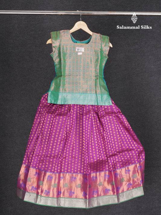Readymade Pure Silk Pattu Pavadai - Peacock Green With Purple (9 TO 10 Yrs)