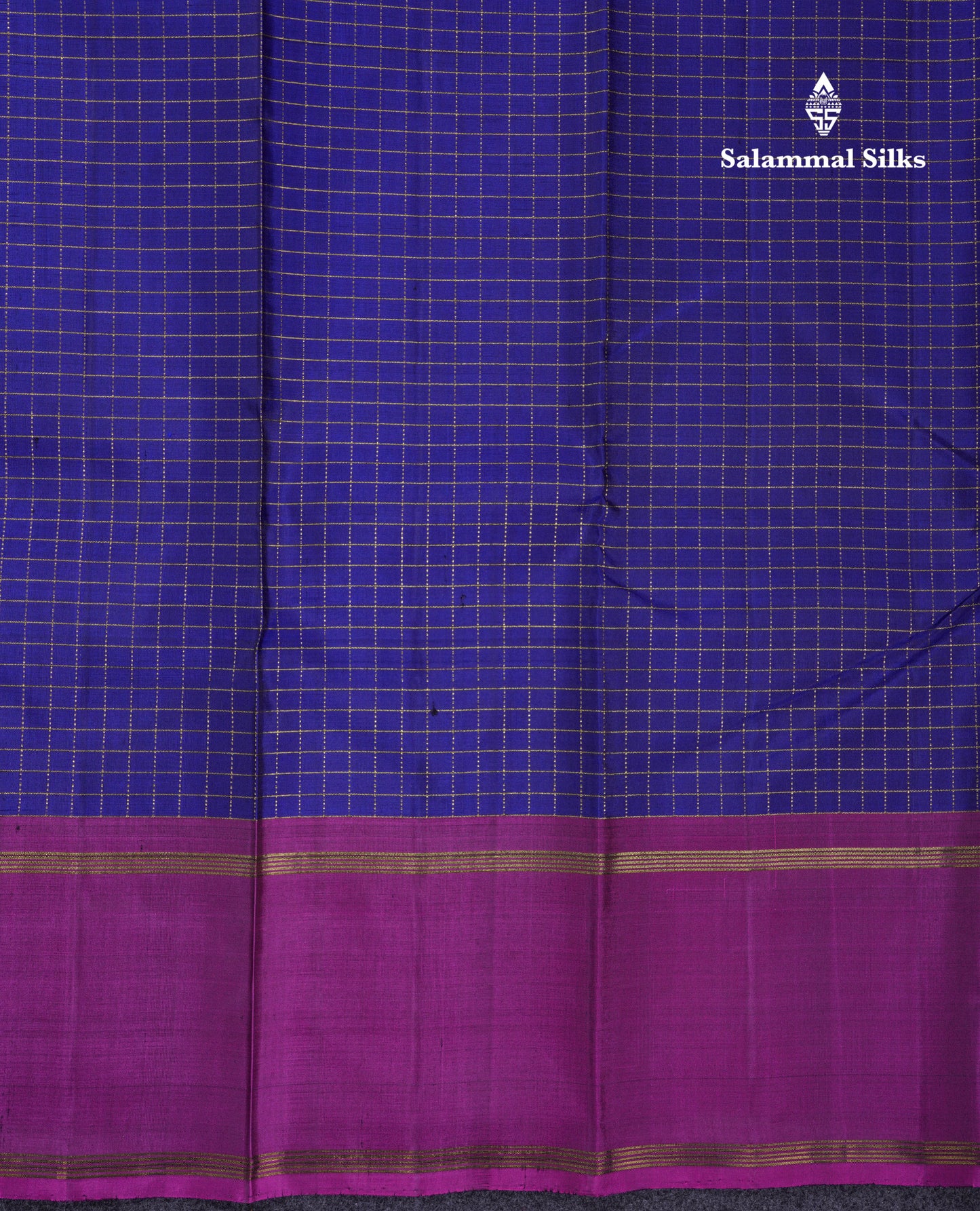 Beautiful Navy Blue Zari Checks Pure Kanjivaram Silk Saree With Contrast Magenta Border