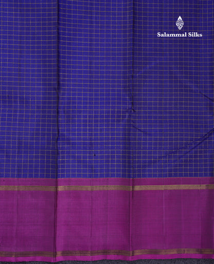 Beautiful Navy Blue Zari Checks Pure Kanjivaram Silk Saree With Contrast Magenta Border