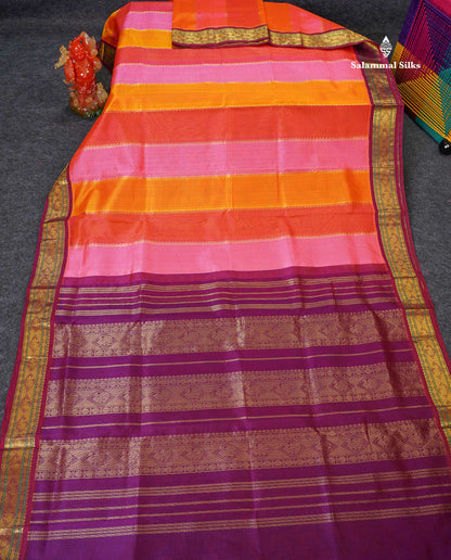 Pure Silk Cotton Saree - Multicolour Along With Contrast Magenta Traditional Border
