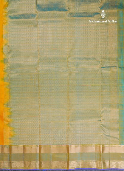 Beautiful Olive Green Pure Kanjivaram Silk Saree With Contrast Peacock Blue Border