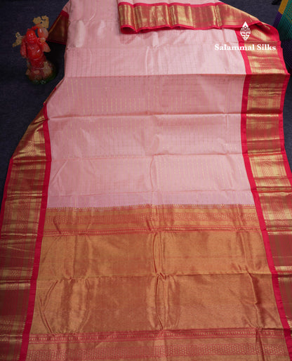 Beautiful Dark Peach Pure Kanjivaram Silk Saree With Contrast Chilly Red Traditional Border