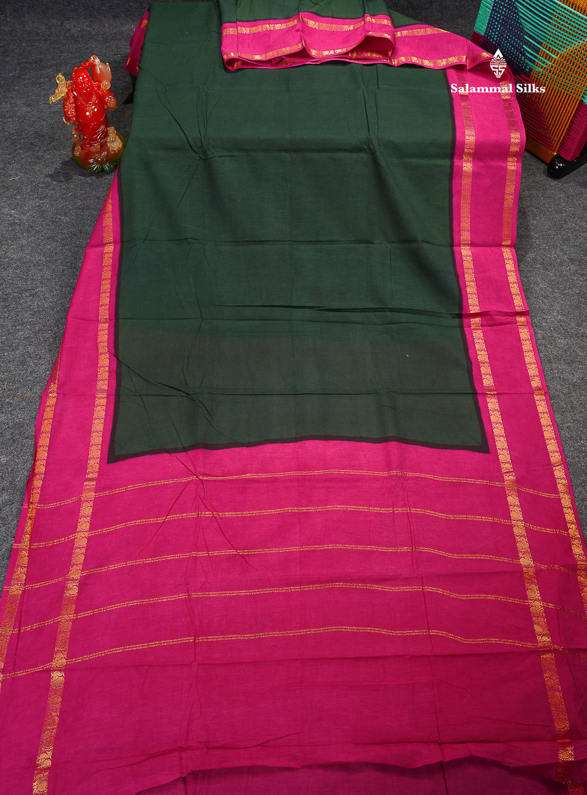 Sungudi Cotton Saree - Bottle Green Colour Plain Body With Contrast Magenta Pink Gap Border