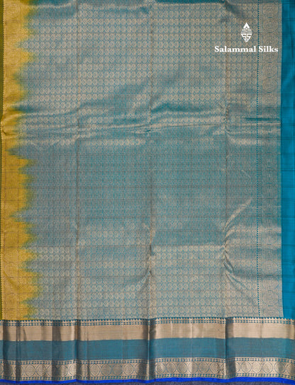 Beautiful Olive Green Pure Kanjivaram Silk Saree With Contrast Peacock Blue Border