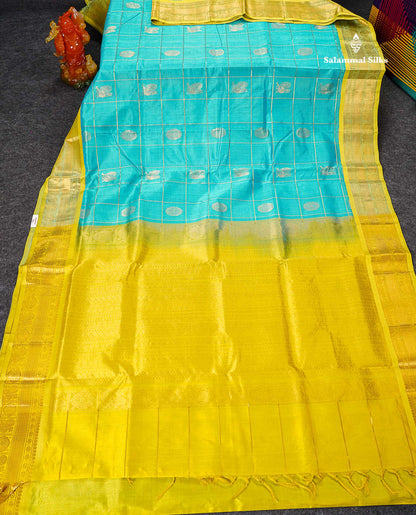 Pure Silk Cotton Saree - Sapphire Blue Big Checks With Traditional Butta Along With Contrast Manthulir Green Traditional Border