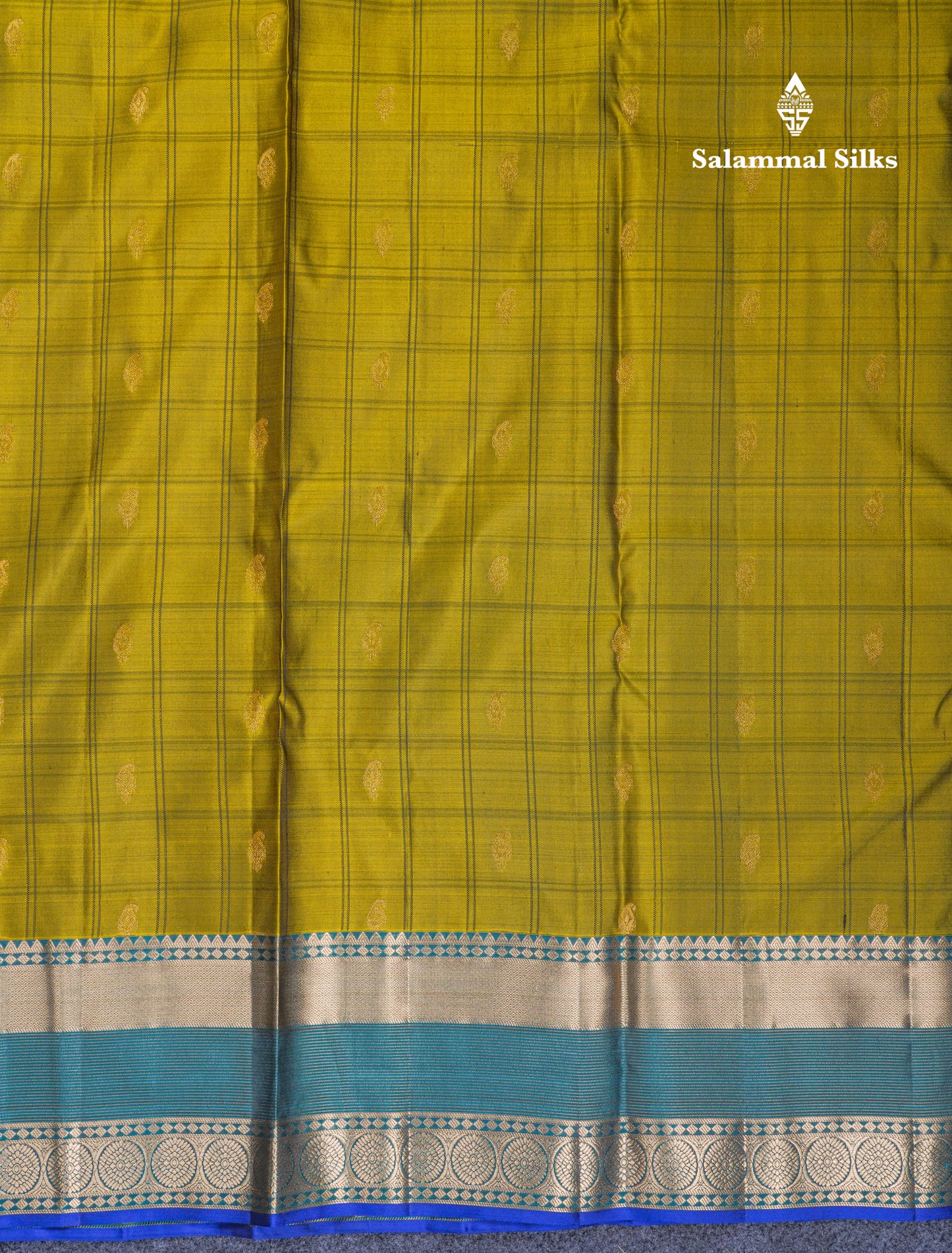 Beautiful Olive Green Pure Kanjivaram Silk Saree With Contrast Peacock Blue Border