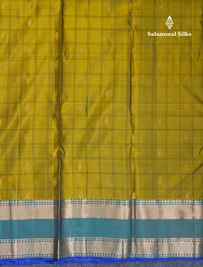Beautiful Olive Green Pure Kanjivaram Silk Saree With Contrast Peacock Blue Border
