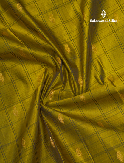 Beautiful Olive Green Pure Kanjivaram Silk Saree With Contrast Peacock Blue Border