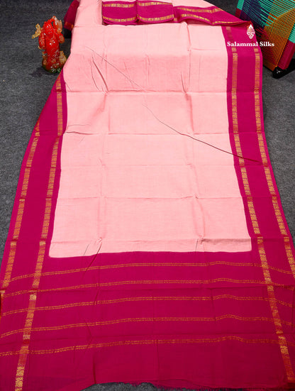 Sungudi Cotton Saree - Baby Pink Colour Body Plain With Contrast Magenta Pink Gap Border