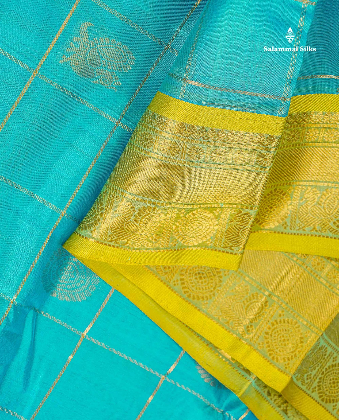 Pure Silk Cotton Saree - Sapphire Blue Big Checks With Traditional Butta Along With Contrast Manthulir Green Traditional Border