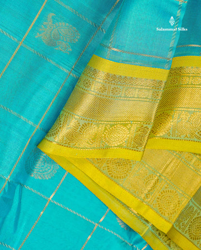Pure Silk Cotton Saree - Sapphire Blue Big Checks With Traditional Butta Along With Contrast Manthulir Green Traditional Border