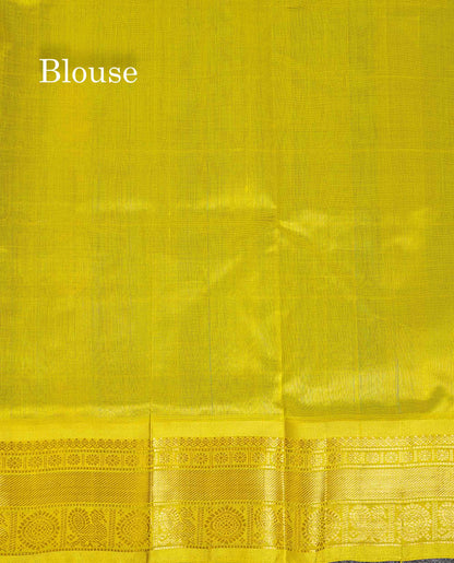 Pure Silk Cotton Saree - Sapphire Blue Big Checks With Traditional Butta Along With Contrast Manthulir Green Traditional Border