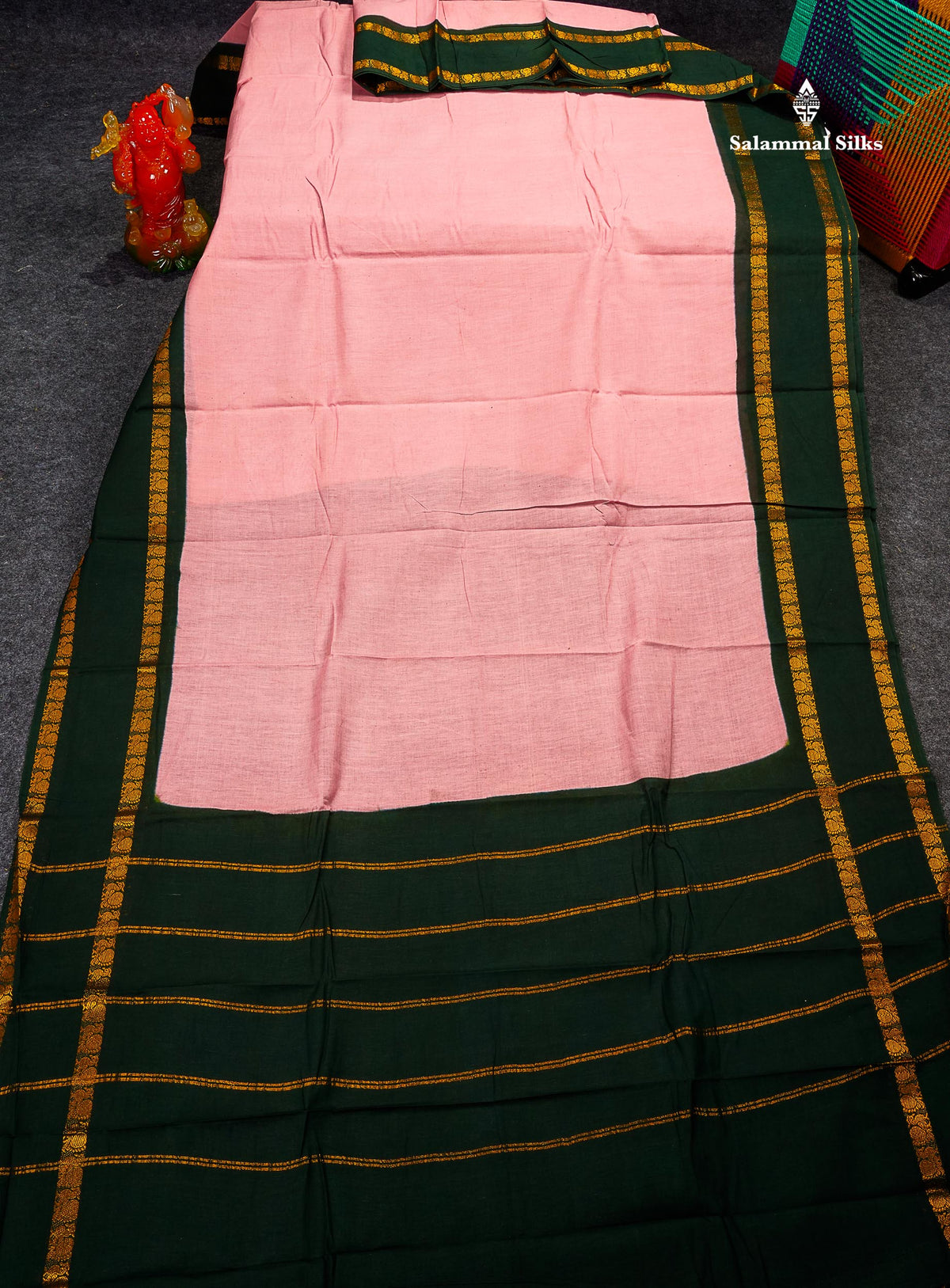Sungudi Cotton Saree - Baby Pink Colour Plain Body With Contrast Bottle Green Gap Border