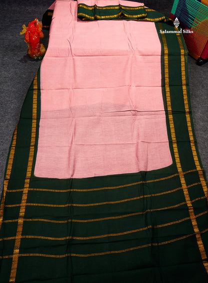 Sungudi Cotton Saree - Baby Pink Colour Plain Body With Contrast Bottle Green Gap Border
