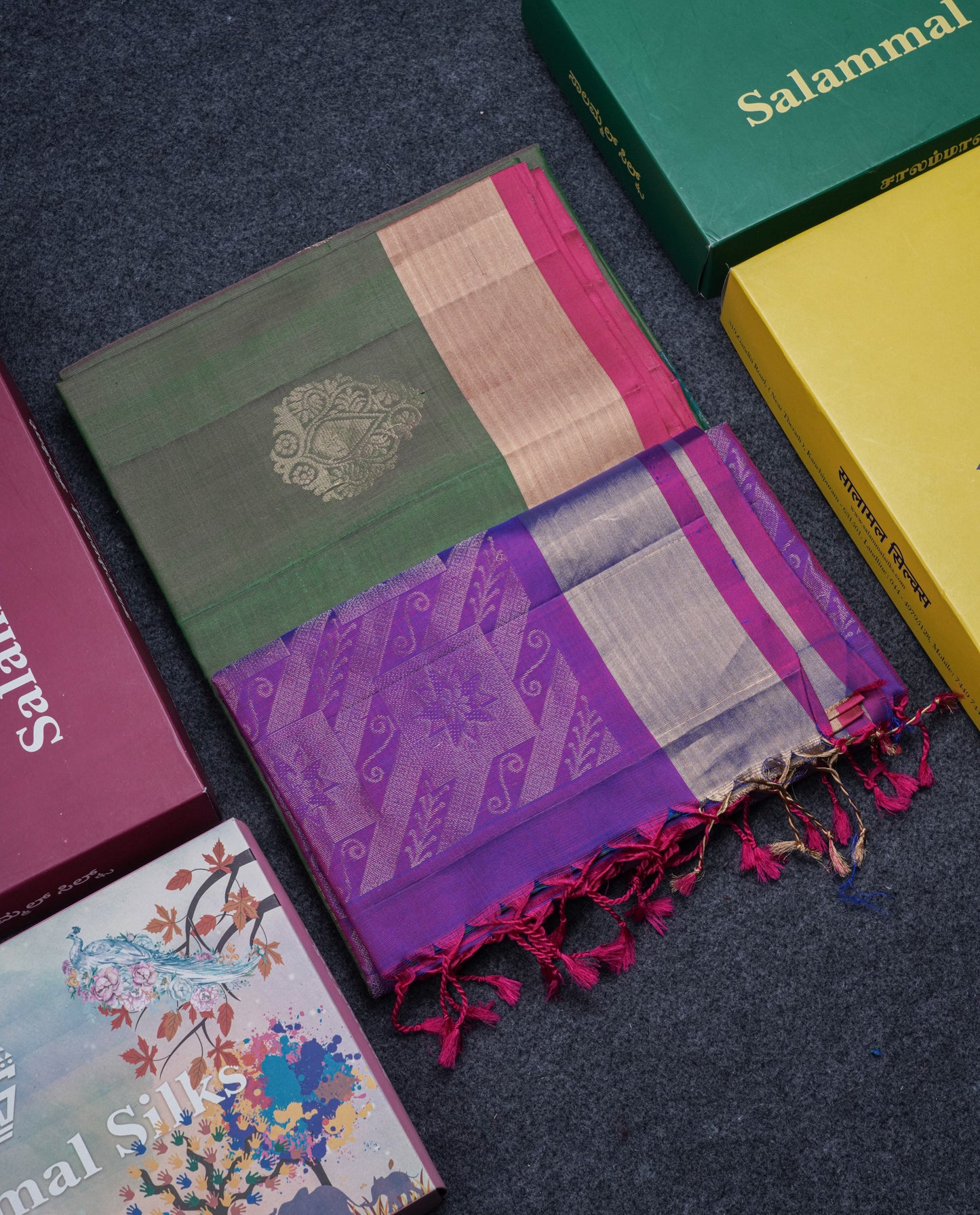 Beautiful Dual Tone Bottle Green Pure Kanjivaram Soft Silk Saree With Contrast Purple Blouse