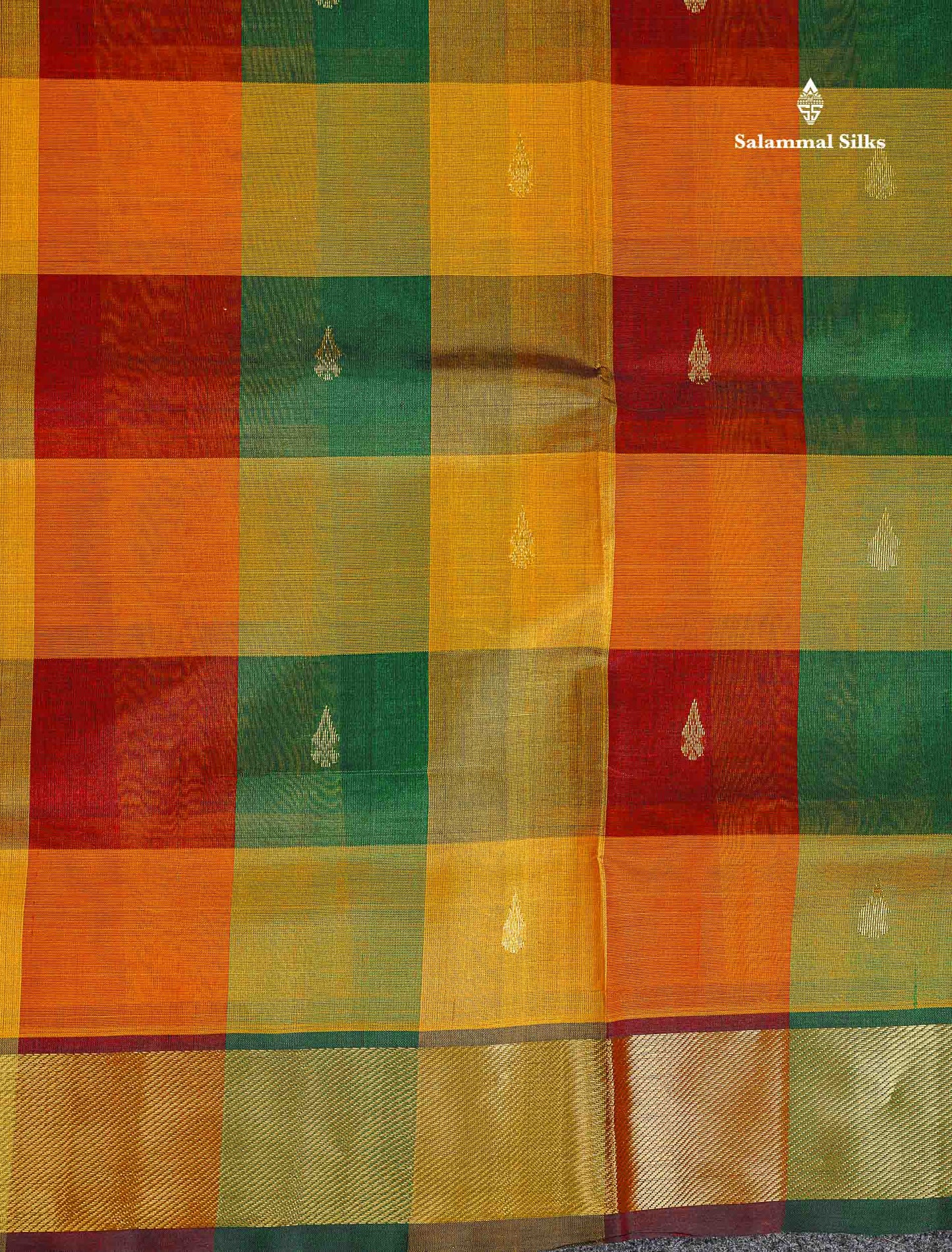 Pure Silk Cotton Saree - Paalum Pazham Yellow Green Checks With Butta & Contrast Dark Maroon Border