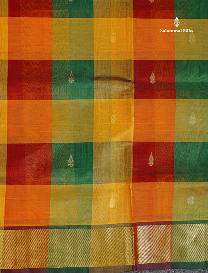 Pure Silk Cotton Saree - Paalum Pazham Yellow Green Checks With Butta & Contrast Dark Maroon Border