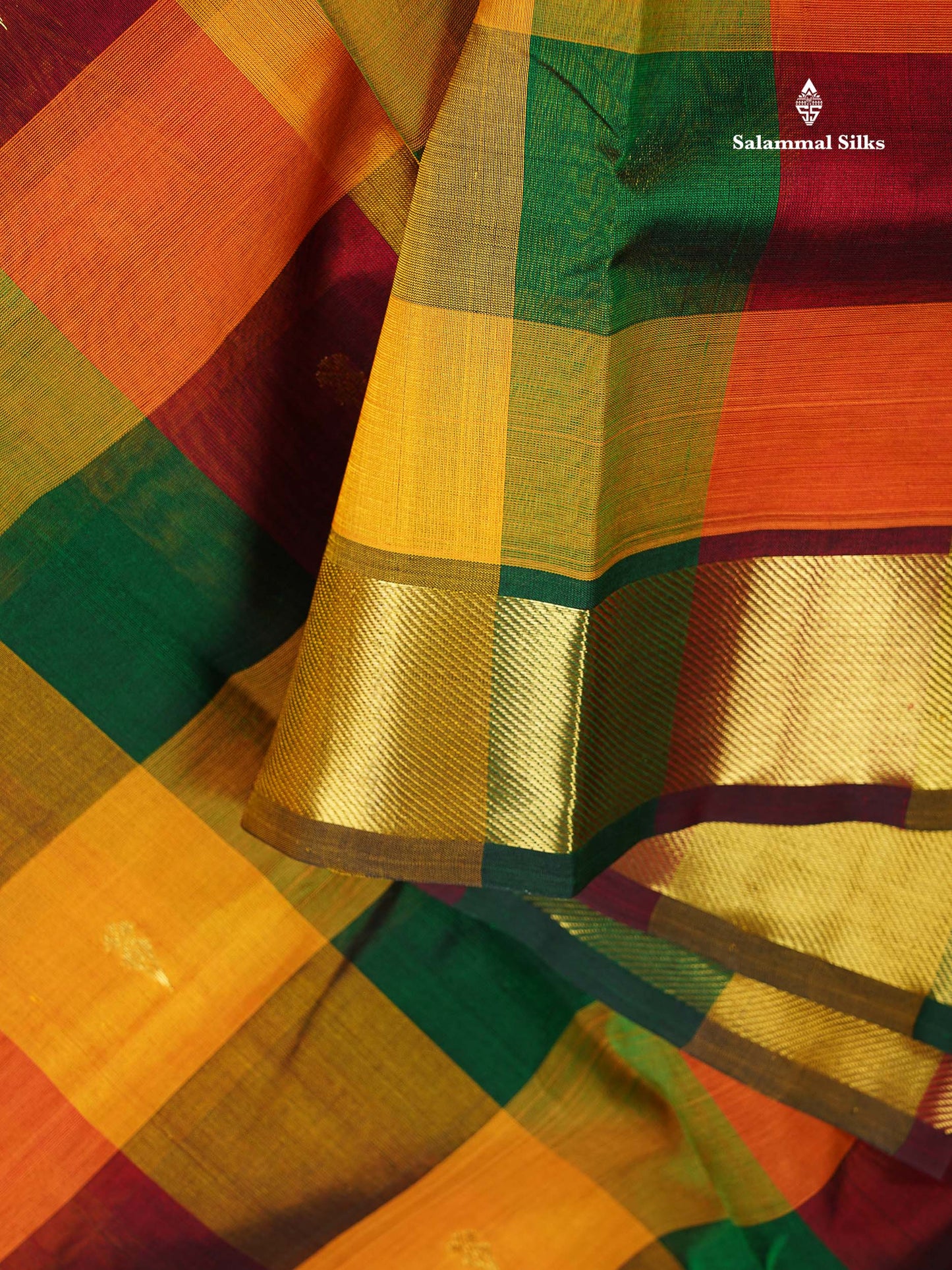 Pure Silk Cotton Saree - Paalum Pazham Yellow Green Checks With Butta & Contrast Dark Maroon Border