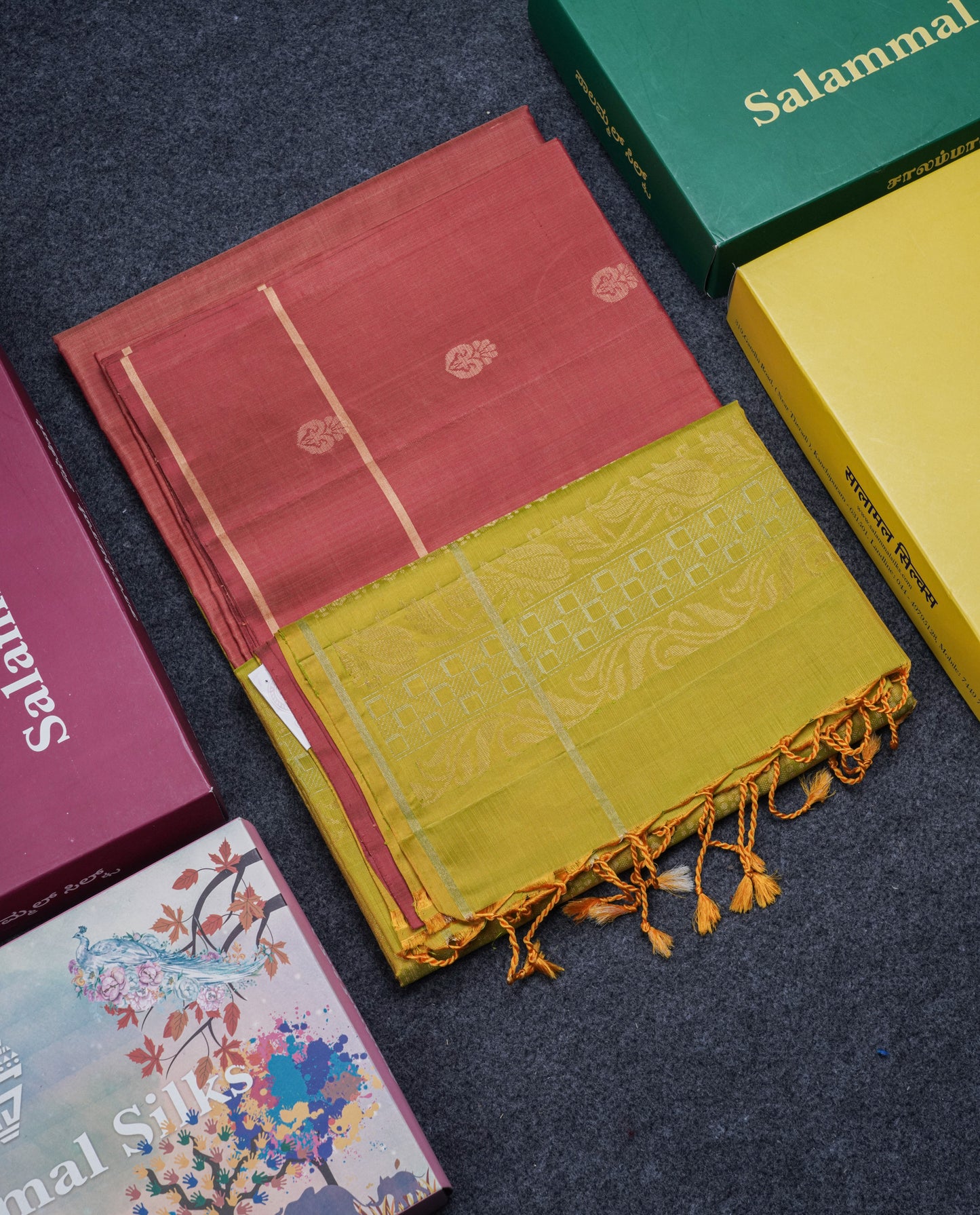 Beautiful Light Chocolate Pure Kanjivaram Soft Silk Saree With Contrast Manthulir Yellow Blouse