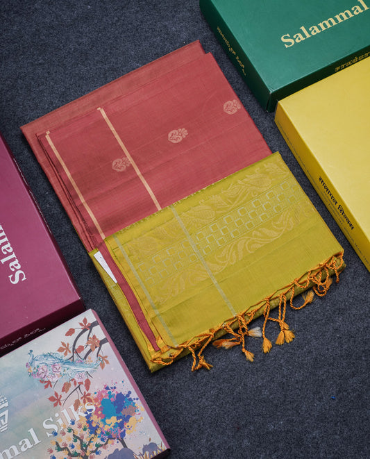 Beautiful Light Chocolate Pure Kanjivaram Soft Silk Saree With Contrast Manthulir Yellow Blouse