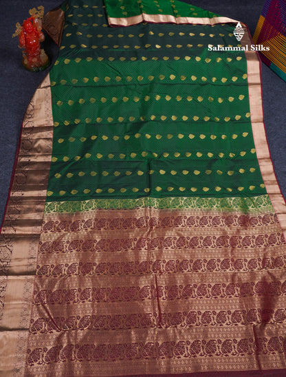 Beautiful Bottle Green Pure Kanjivaram Silk Saree With Contrast Dark Brown Border