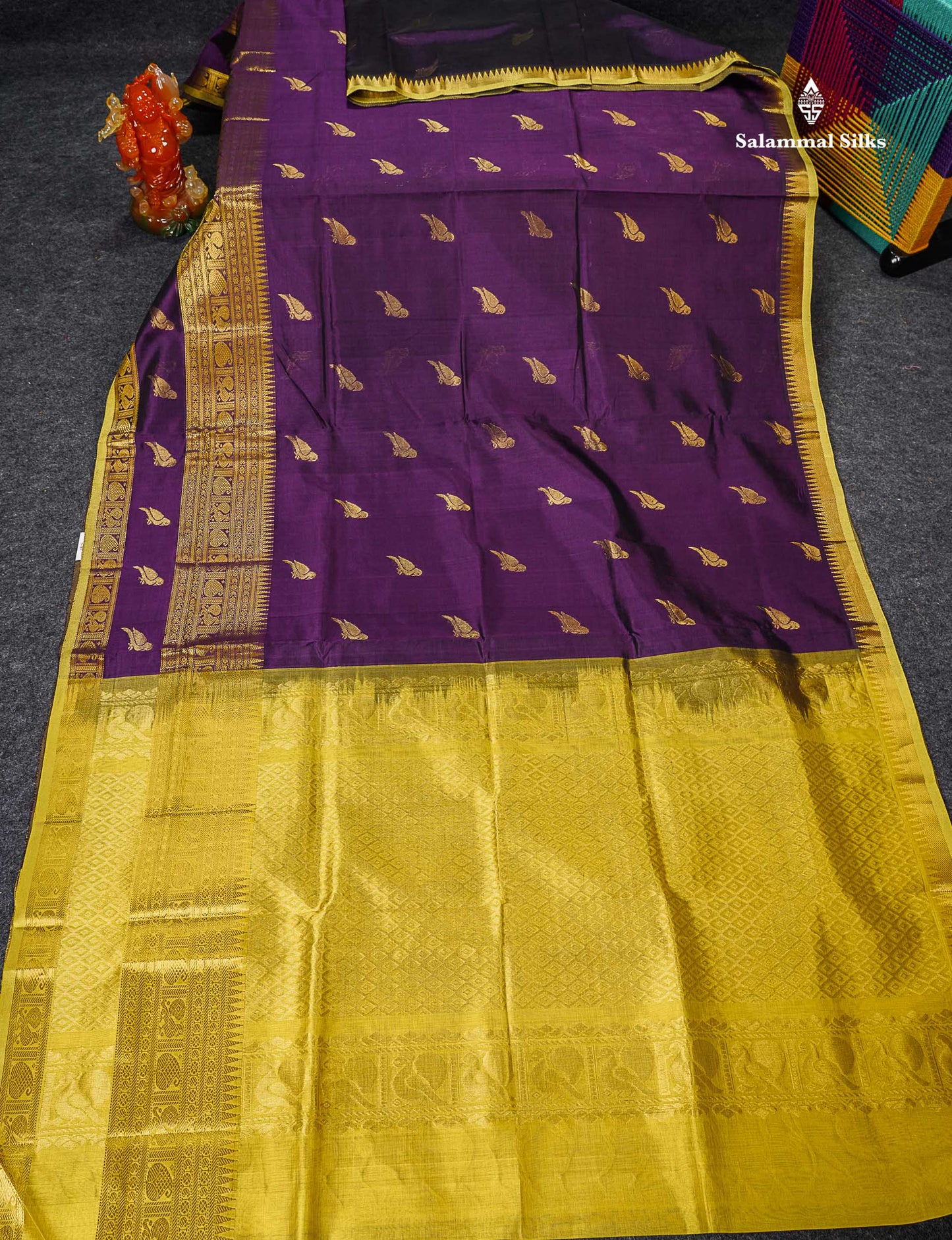 Pure Silk Cotton Saree - Dark Purple Parrot Butta Along With Traditional Evening Morning Border