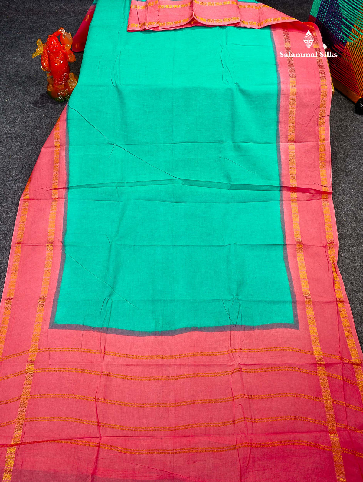 Sungudi Cotton Saree - Rexona Colour Plain Body With Contrast Baby Pink Gap Border