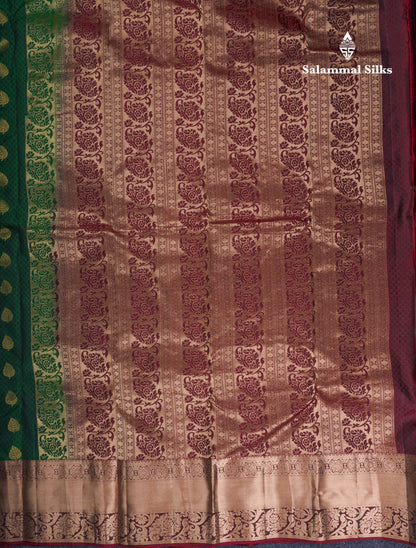 Beautiful Bottle Green Pure Kanjivaram Silk Saree With Contrast Dark Brown Border
